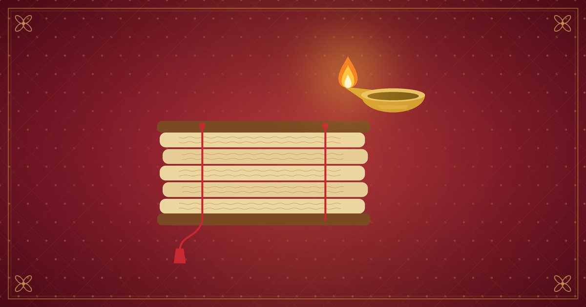 சிறிய பித்தளை விளக்கின் அருகே ஓலைச்சுவடி — சிவப்பு பொன்னிற ஓவியம்